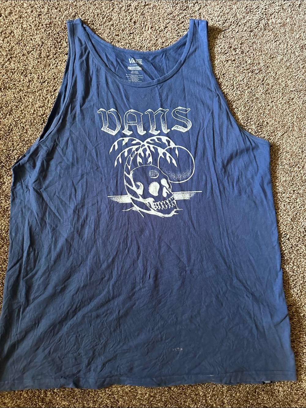 Vans Navy Blue Tank Top with White Skull & Palm Graphic - XL